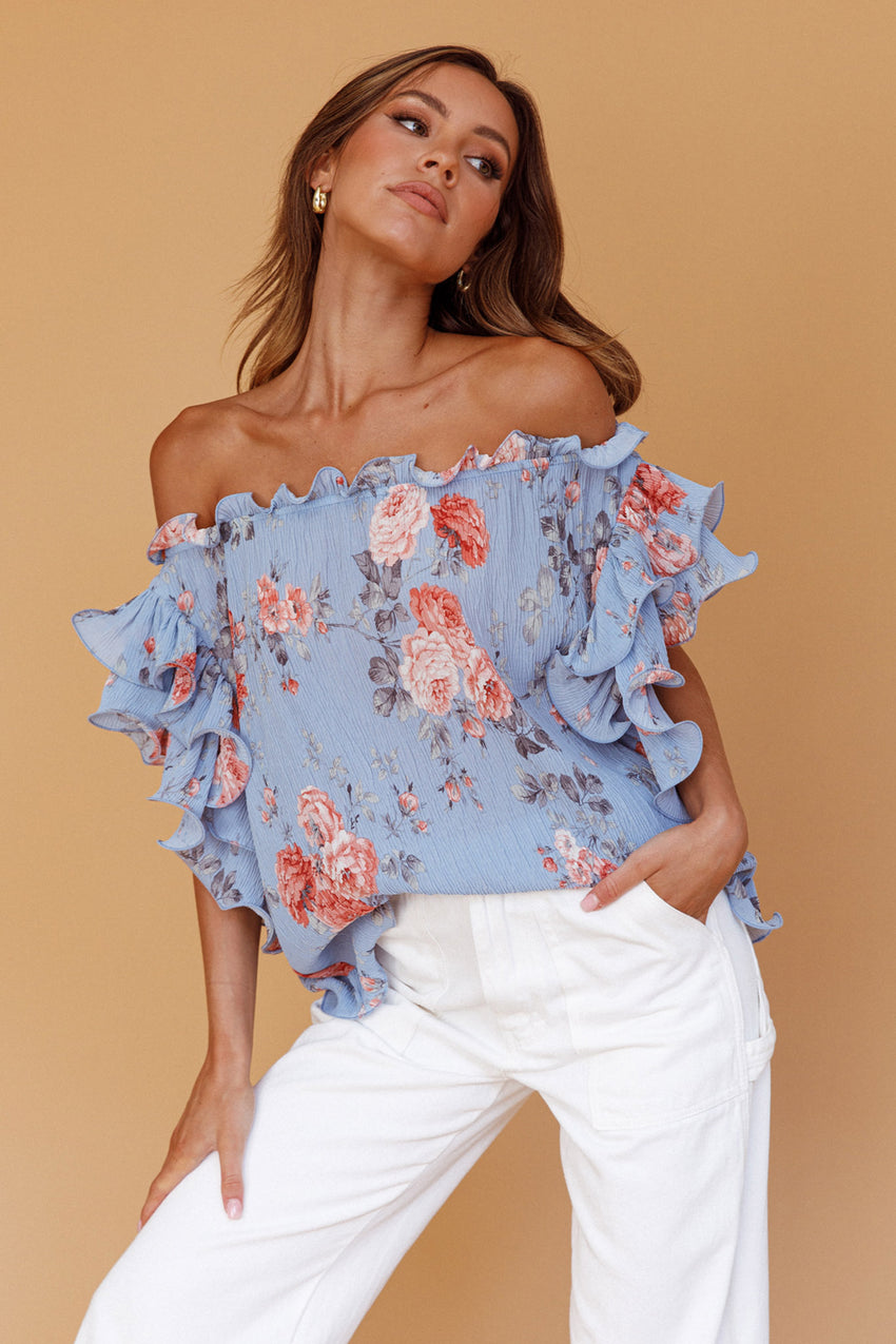 Miranda Off-Shoulder Ruffle Sleeve Top Floral Print Blue