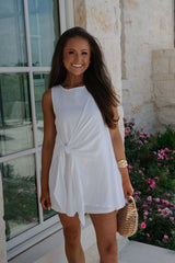 Boat Neck Side Tie Mini Dress-White