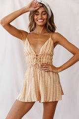 Lorahdae V-Neckline Drawstring Waist Romper Stripe Print Mustard
