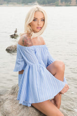 Blaine Bell Sleeve Off The Shoulder Pinstripe Top Blue