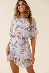 Azealia Ruffle Hem Dress Flower Print Purple