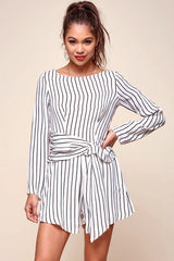 Abbey Waist Tie Pinstripe Romper White & Black