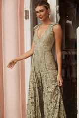 Take Note Laced-Back Frill Shoulder Lace Jumpsuit Beige/Olive