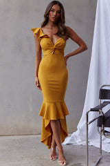 Pearl Ruffle Strap Twist Bust Dress Mustard
