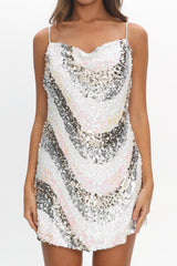 Show Me Love Cowl Neck Mini Dress Sequin Swirl White