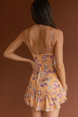 Good Vibes V-Neckline Frill Hem Dress Floral Orange