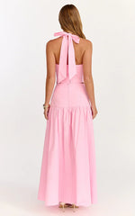 Anya Two Piece Top and Skirt Set - Gathered Halted Neck Top And High Waist  Maxi Skirt in Pink