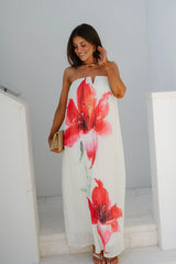 Floral Pleated Strapless Maxi Dress-Cream
