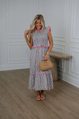 Floral Smocked Peplum Tiered Midi Dress-Blue