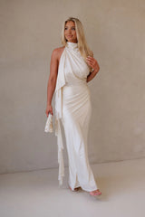 Halter Neck Satin Jersey Maxi Dress-Ivory