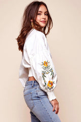 Halle Floral Puff Sleeved Cropped Top White