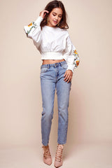 Halle Floral Puff Sleeved Cropped Top White