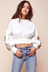Halle Floral Puff Sleeved Cropped Top White