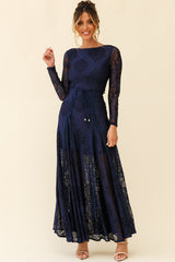 Palm Springs Long Sleeve Lace Overlay Maxi Dress Navy