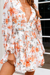 Estelle Long Sleeve V-Neckline Dress Floral Print Orange