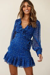 Regina Long Sleeve Ruffle Neckline Dress Flower Print Royal Blue
