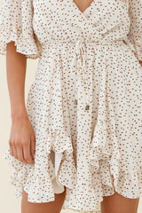 El Cerrito Flared Sleeve Godet Hem Dress Speckle Print Beige