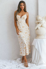 Lake Como Fitted Bodice Cami Strap Midi Dress Painted Floral Print Beige