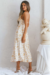 Lake Como Fitted Bodice Cami Strap Midi Dress Painted Floral Print Beige
