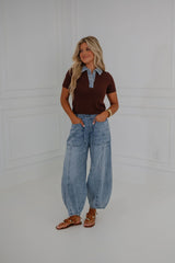 Marcy Sweater Top-Brown/Denim