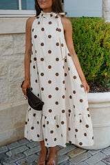 Ruffle Neck Midi Dress-Brown Polka Dot