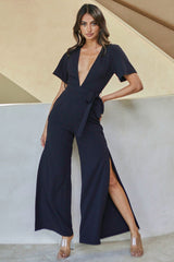 Rhone River Deep V-Neckline Wide Leg Waist Tie Jumpsuit Black