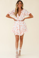 Brianna Puff Sleeve Drawstring Waist Dress Floral Print Pink