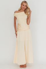 Diana Asymmetric Shoulder Pleat Waist Maxi Dress Butter