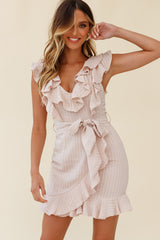 Honor Ruffle Neckline Faux Wrap Dress Nude
