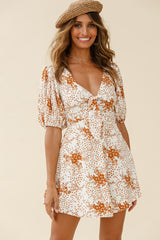 Portia Tied Bust Puff Sleeve Dress Flower Pattern Tan
