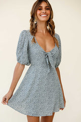 Portia Tied Bust Puff Sleeve Dress Floral Print White