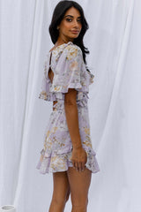 My Belle Cut-Out Detail Frill Accent Dress Vintage Floral Print Lilac