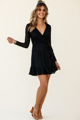 Madonna Long Sleeve Ruffle Trim Embroidered Dress Black