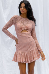 Hearts Aflutter Long Sleeve Open Back Lace Mini Dress Blush