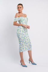 Lillianne Off-Shoulder Midi Dress Floral Blue