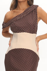 Milos Asymmetric Neckline Maxi Dress Chocolate Dot