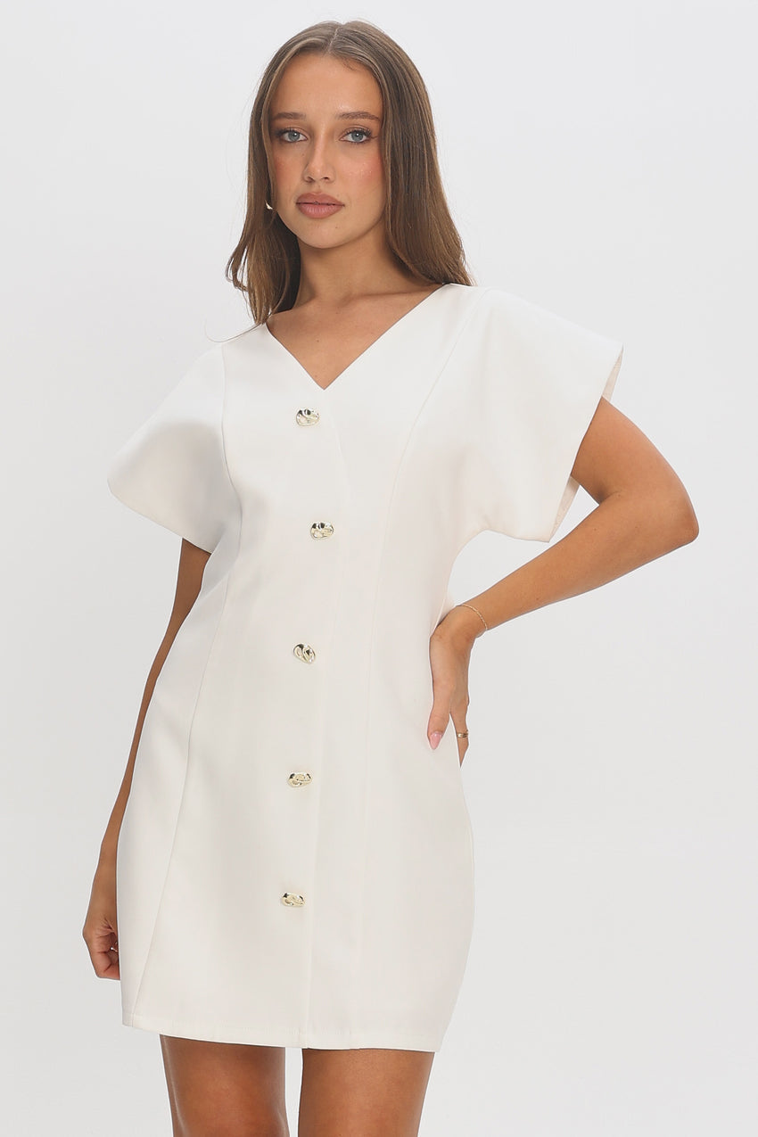 Chiana Gold Button Mini Dress White