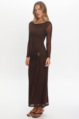 Lyssia Cowl Neck Waist Sash Maxi Dress Chocolate