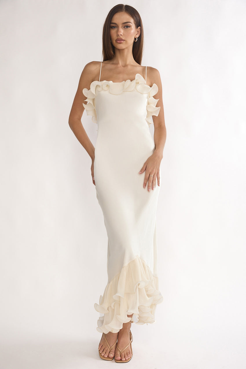 Okay, Cupid Low Back Ruffle Trim Maxi Dress Oyster