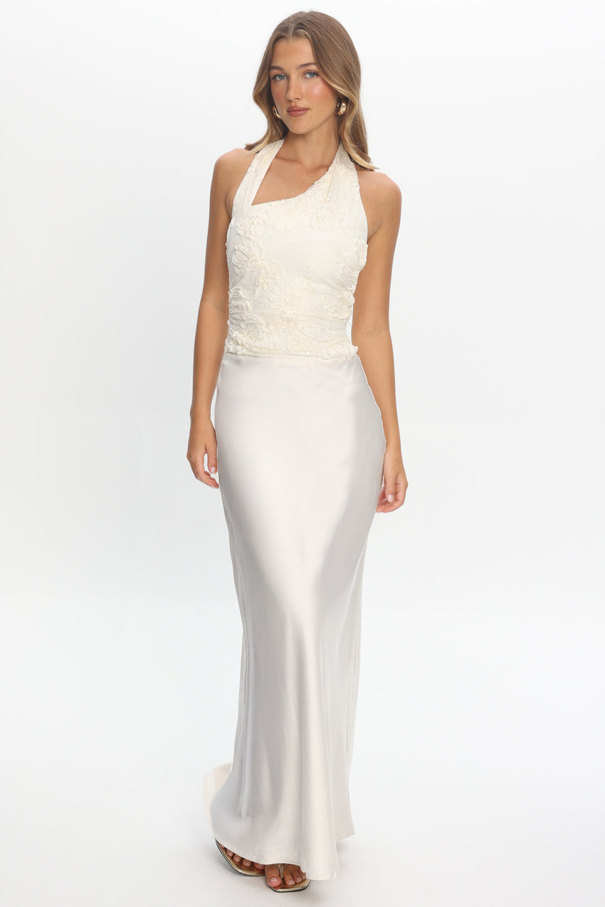 Rejina Asymmetric Neckline Embellished Maxi Dress Off White