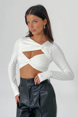 Foxy Twist Long Sleeve Crop Top White