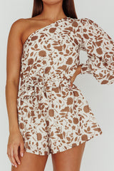 Summer Lover One-Shoulder Romper Floral Brown