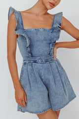 Nola Flared Ruffle Romper Denim