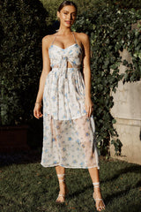 Los Feliz Tied Bust Halterneck Midi Dress Sheer Floral Blue