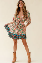 Suva Tie-Knot Bust A-Line Dress Botanic Print Nude