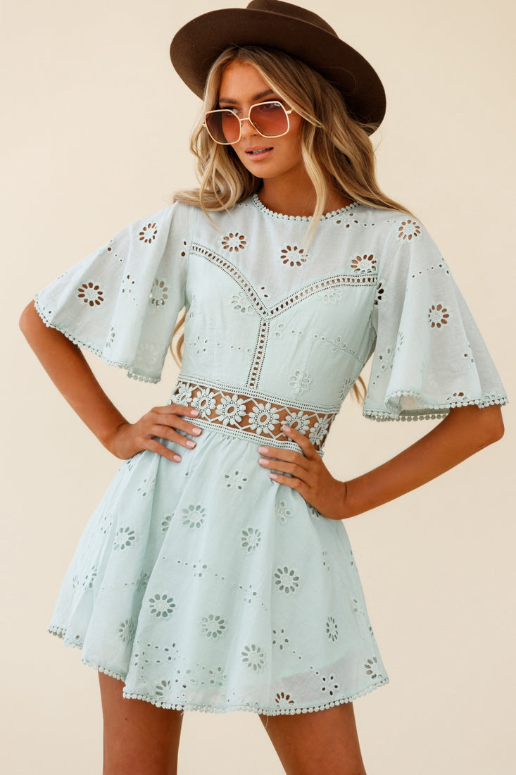 Anais Fluted Sleeve Exposed Back Broderie Anglaise Dress Sage