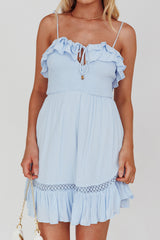 Daydream Shirred Bust Frill Trim Mini Dress Ice Blue