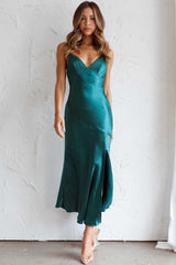 Downtown Cami Strap Front Split Midi Dress Forest Green