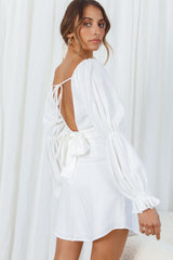 Corina Pleated Bust Long Sleeve V-Back Dress White