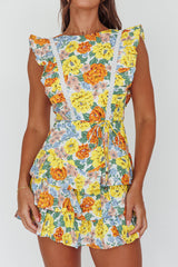 Weekend Muse Sleeveless Layered Frill Romper Yellow Floral